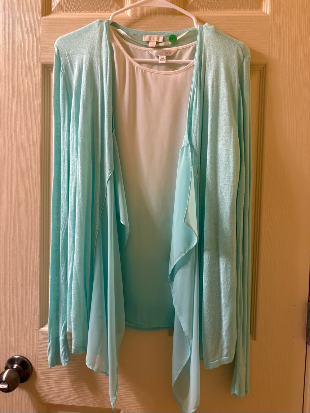 Charming Charlie Sleeveless Blouse and Light Aqua Open Front Drape Cardigan